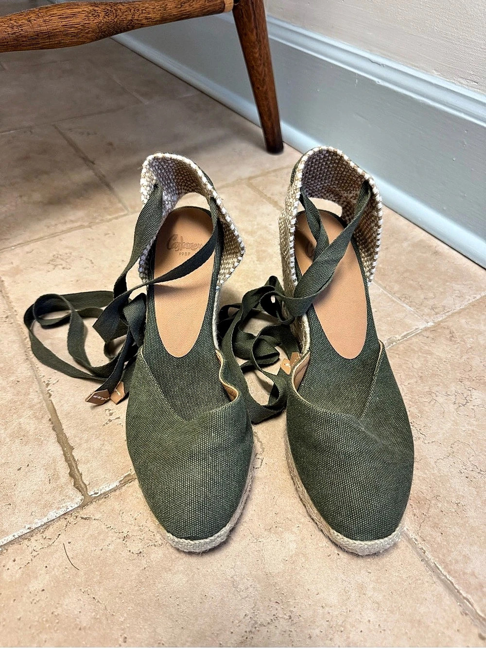 Castañer Carina Canvas Wedge Espadrilles Green & Beige Size 36